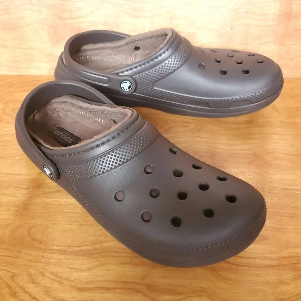Crocs Classic Lined Clogs Mens 12 Brown Sandals Faux Fur Comfort Slip On Shoes
